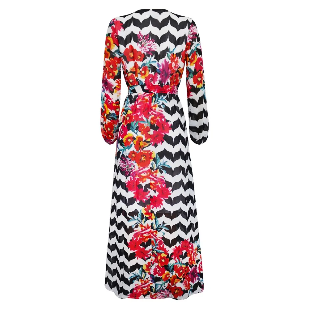 XURU женское длинное платье макси с цветочным принтом, с длинным рукавом, с v-образным вырезом, с поясом, шифоновые платья, повседневное пляжное свободное платье размера плюс S-3XL-5XL