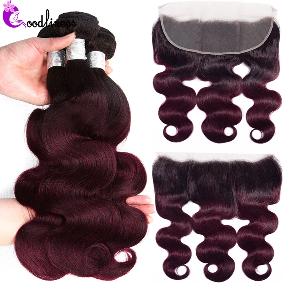 

Goodliness Top Ombre Bundles With Frontal Remy Brazilian bodywave Human Hair Bundles With Frontal T1B 99j Bundles With Frontal