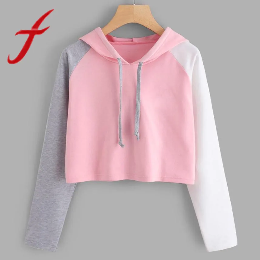 

Feitong Womens Crop Tops Hoodie Sweatshirts Casual Long Sleeve Patchwork Cropped Sweatshirt Hooded Pullover sudadera mujer 2019