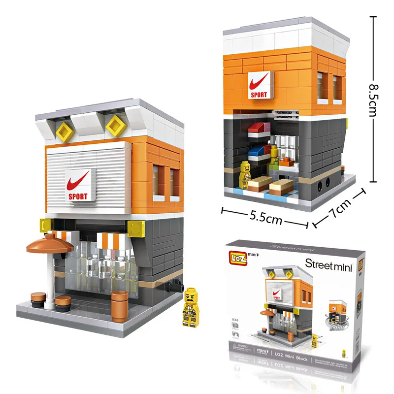 Лоз мини-блоки вид на город сцена Кофейня розничный магазин архитектурные модели и строительные викторины рождественские игрушки для детей - Цвет: Nike store