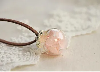 

10pcs/lot natural real pink hydrangea dry flower necklace glass bottle charm pendant Necklace Velvet rope chian