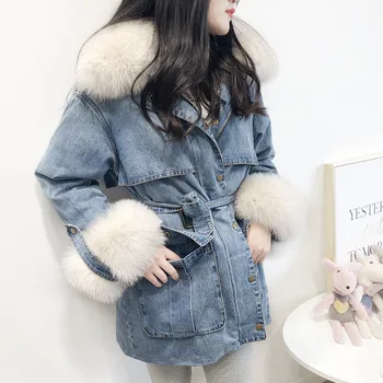 

2020 New winter Thicken Warm Denim Jackets Natural fox fur collar women Winter Thick Jean Jacket Coat Female NZY46