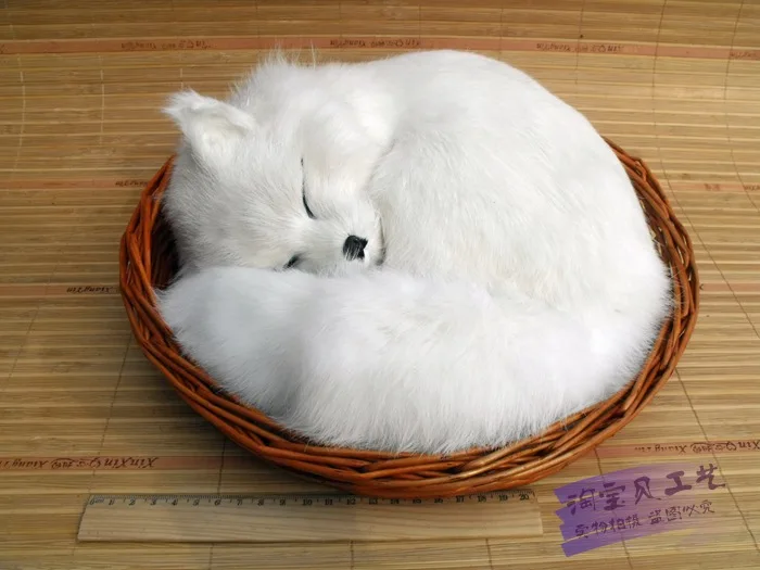 lovely big simulation fox toy polyethylene & furs white sleeping fox in a basket doll gift 27x12cm 0789
