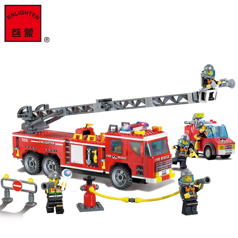 Goedkoop ENLIGHTEN 607 stks Fire Rescue Politie Brandweerwagen Brandweerman Monteren Model Bouwstenen DIY minifig Educatief Kids Gift Toy