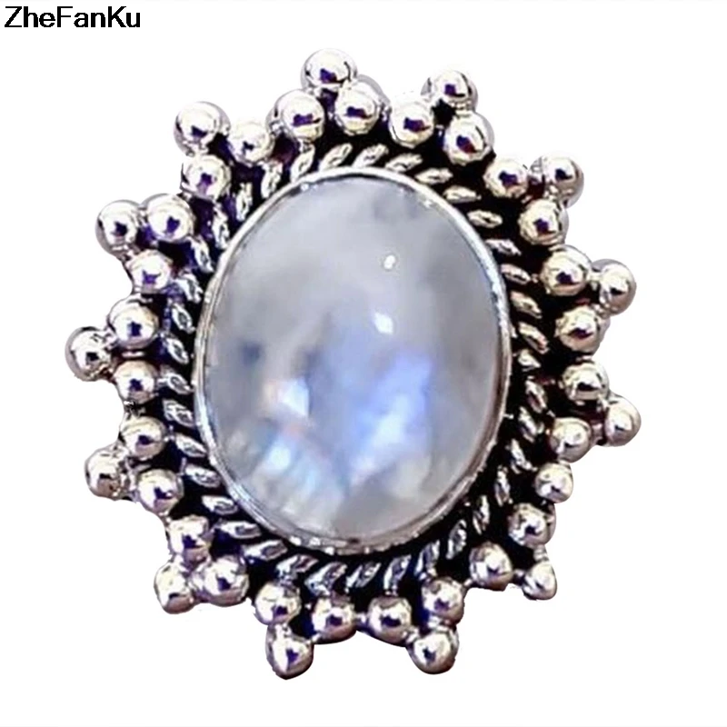 

2019 Vintage Thai Silver Color Black Rhinestone Filled White Round Opal RingWomen Natural Moonstone Stone Ring Jewelry