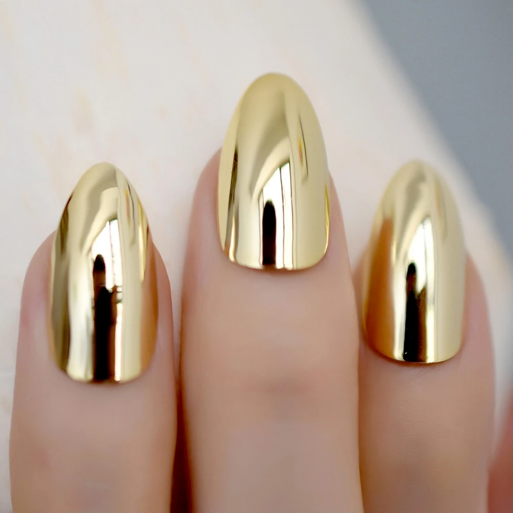 Металлические зеркальные яркие золотые накладные Шпильки для ногтей, желтые золотистые металлические овальные шпильки, острые накладные ногти, маникюр, полные ногти, художественные кончики
