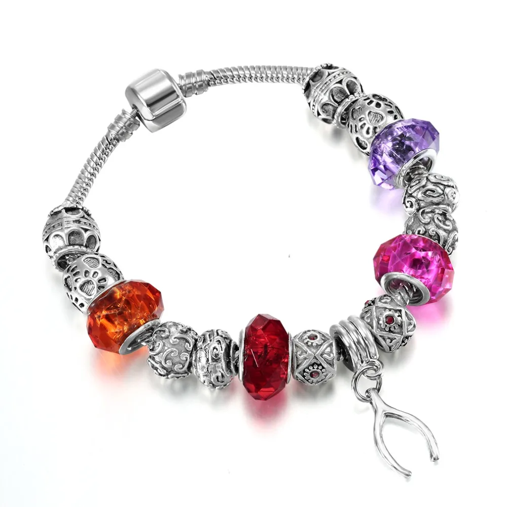 1PCS Silver Plated Four Color Rhinestone Bead Bracelet Bangles Men Wishbone Pendant Flower Dog Paw Bracelets For Men Jewelry