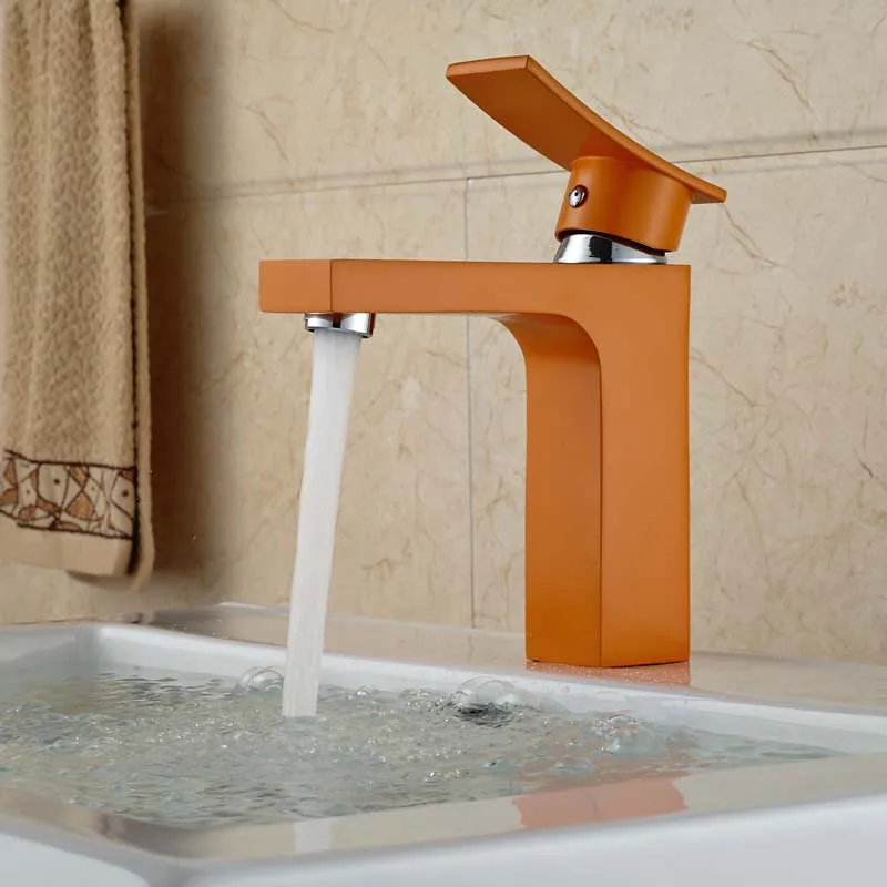 

Square Shape Orange Bathroom Vessel Sink Washbasin Mixer Faucet Single Handle Mixer Taps Free Shipping
