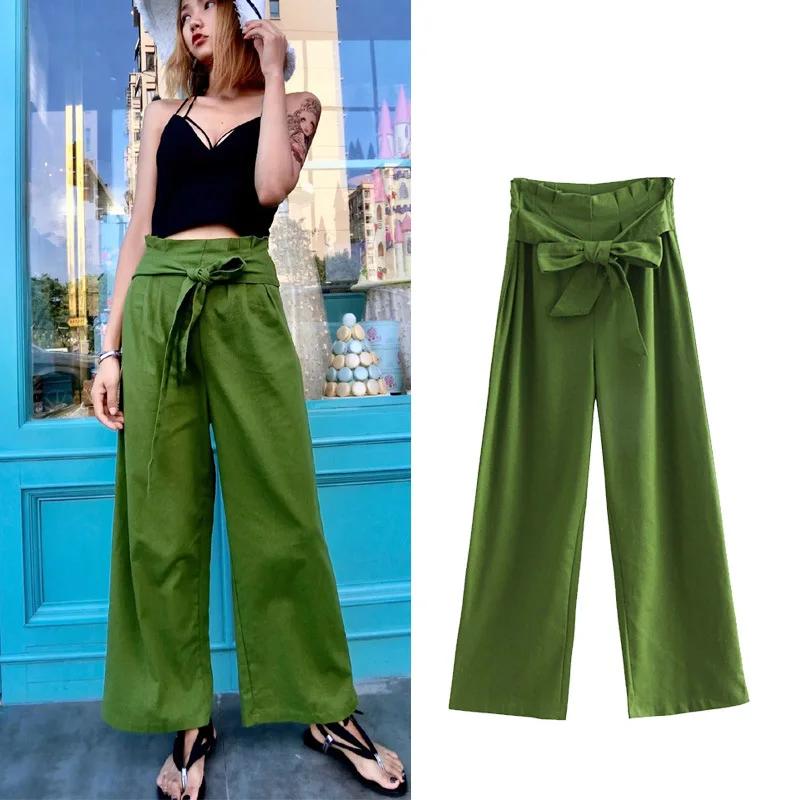 

2019 European Station Summer Women's New Bow Tie Wooden Ear Linen Slacks Joker Slimming Pants Fashion Women Pants
