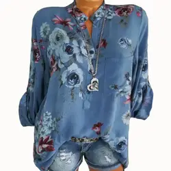 Летние женские Топы Блузки 2019 осень элегантные длинные рукава принт v-образный вырез шифоновая блузка повседневные свободные рубашки плюс