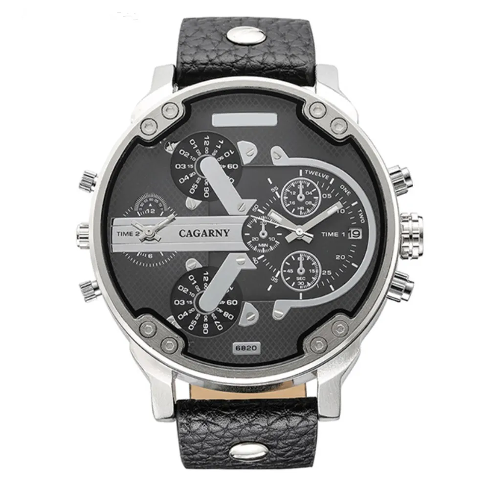 Роскошные мужские часы кварцевые часы мужские модные наручные часы кожаные часы ремешок Дата Двойное время Дисплей военные часы мужские Cagarny - Цвет: Черный