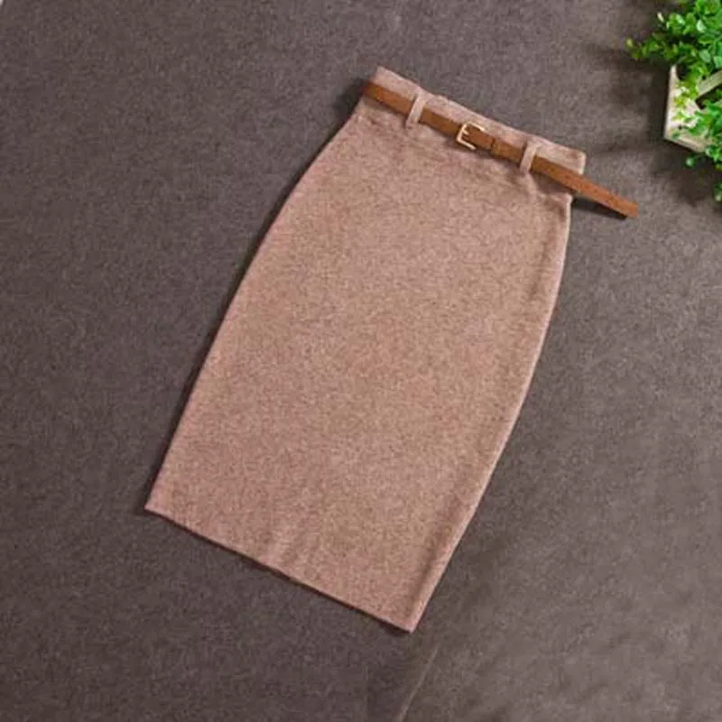 

2019 Fashion Skirts Autumn winter Casual Women High Waist Knee-length Knitted Pencil Skirt Elegant slim Long Skirts Black Skirt