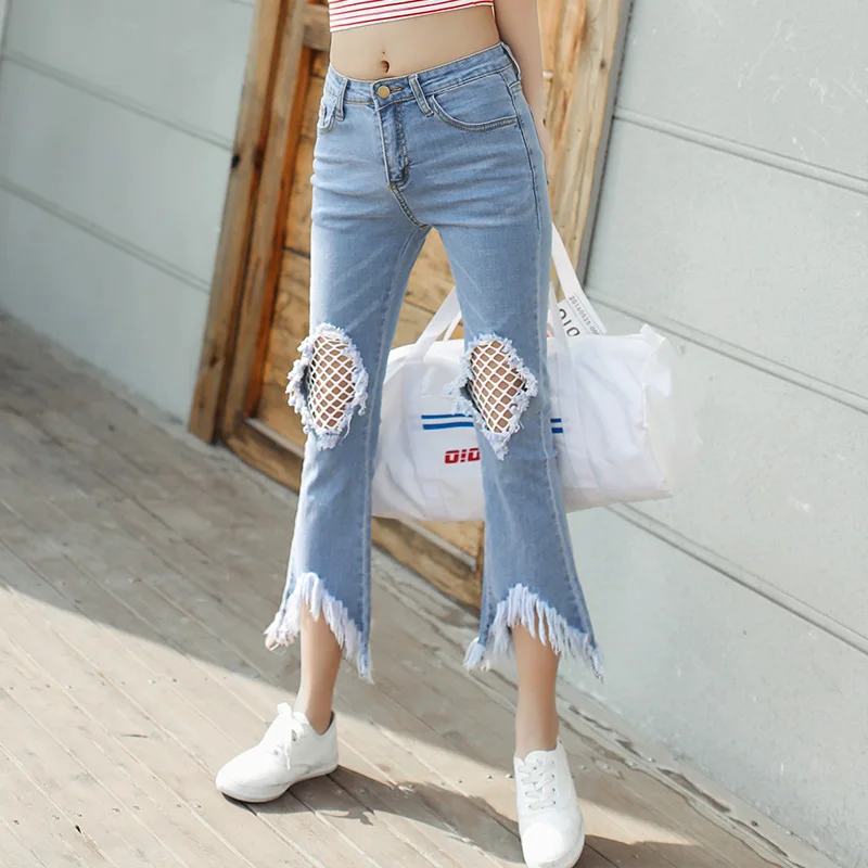 Popularne Ripped Flare Jeans- Kupuj Tanie Ripped Flare Jeans 2017 Jesień Mody Spalony Tassel Ripped Jeans Nowe Zgrywanie Umyte Szczeliny Nieregularne Deinm Race Jean Spodnie - Popularne Ripped Flare Jeans- Kupuj Tanie Ripped Flare Jeans