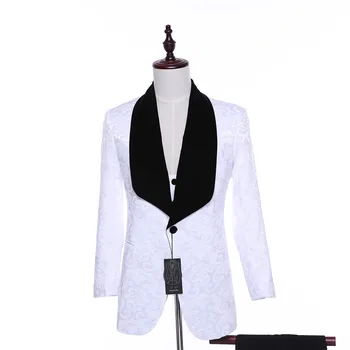 

New Mens Casual Jacket Blazers White Flora Pattern Slim Wedding Tuxedo Business Formal Prom Coat Two Button Black Velvet Lapel