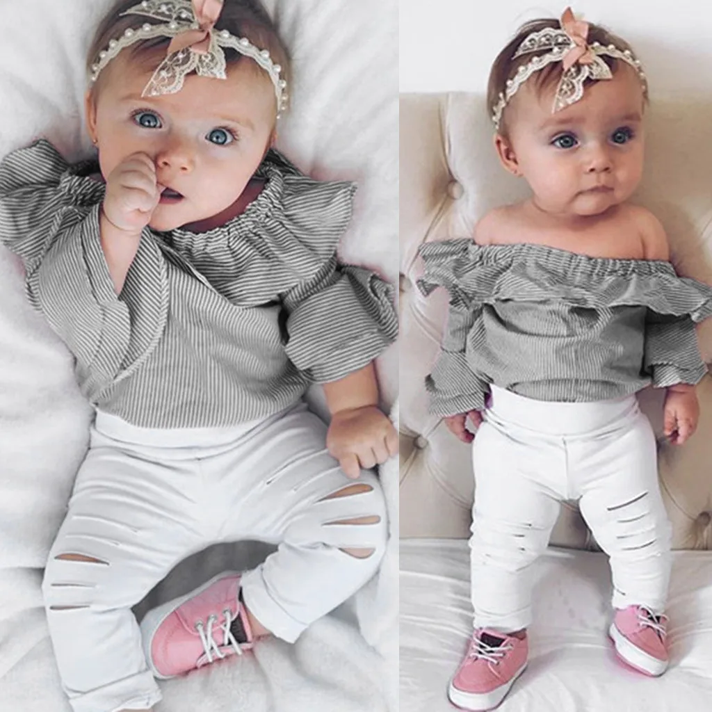 

2019 Listing Toddler Infant Baby Girl Striped Tops Romper Ripped Pants Outfits Clothes Set Spring summer Fashion Comfortable @5