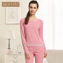 Qianxiu Модальные пижамы для женщин с круглым вырезом Пижама с кружевом одежда для сна для женщин с длинным рукавом Dormir домашний костюм женский Пижамный костюм
