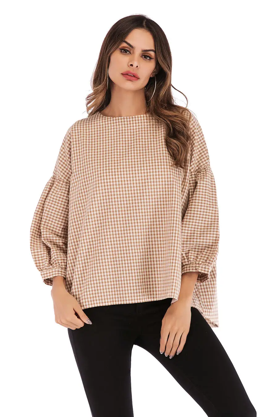 Gladiolus New 2019 Spring Plaid Shirt Women Puff Sleeve O Neck Button Loose Blouse Women Shirts Summer Casual Ladies Shirt Tops (21)