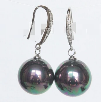 

HOT SELL - wb00 14mm round peacock black south sea shell pearls Earrings 925 silver hook -Top quality free shipping