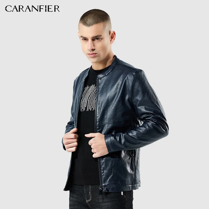 CARANFIER New Men PU Leather Jacket Male Fashion Black Blue Mens  jackets Casual Businessmen Style Windproof Outerwear S-3XL