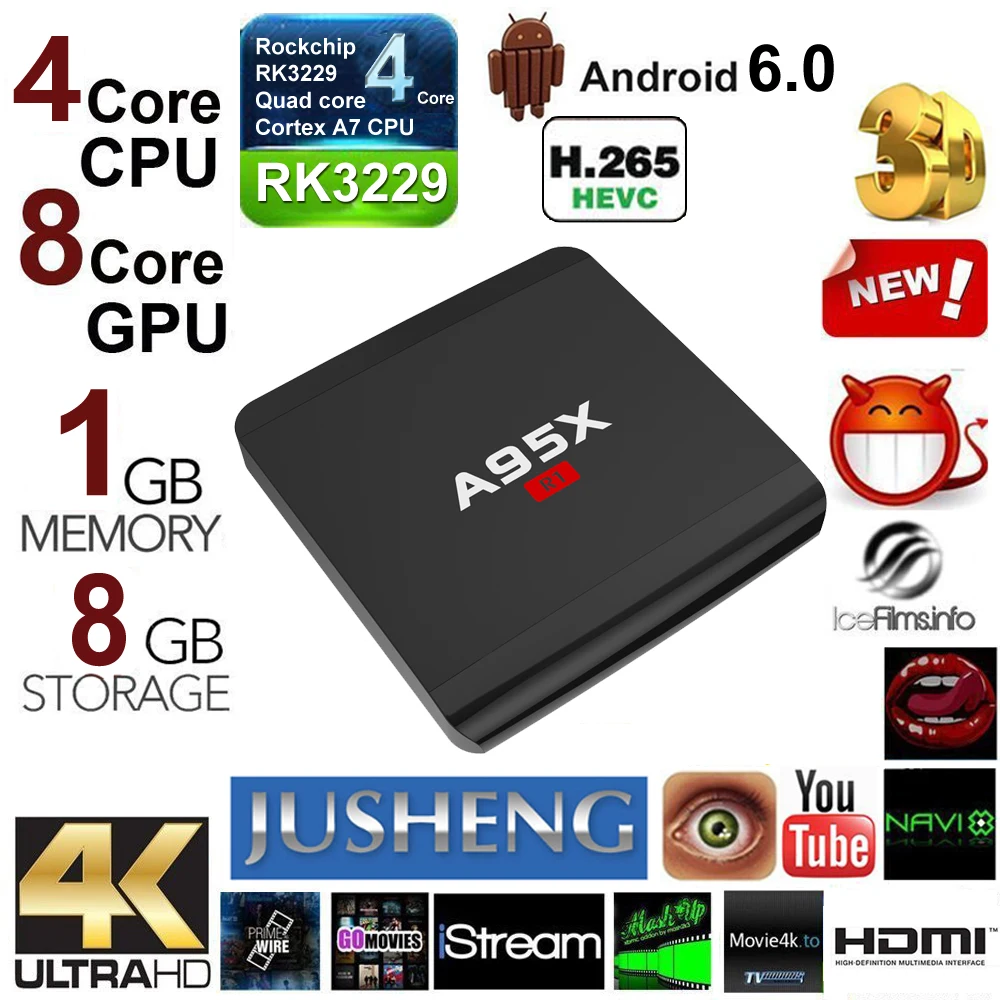 ТВ приставка JUSHENG A95X на Android с процессором Penta Core RK3229 6 0 4K * 2K супер HD видео 1 Гб DDR ОЗУ