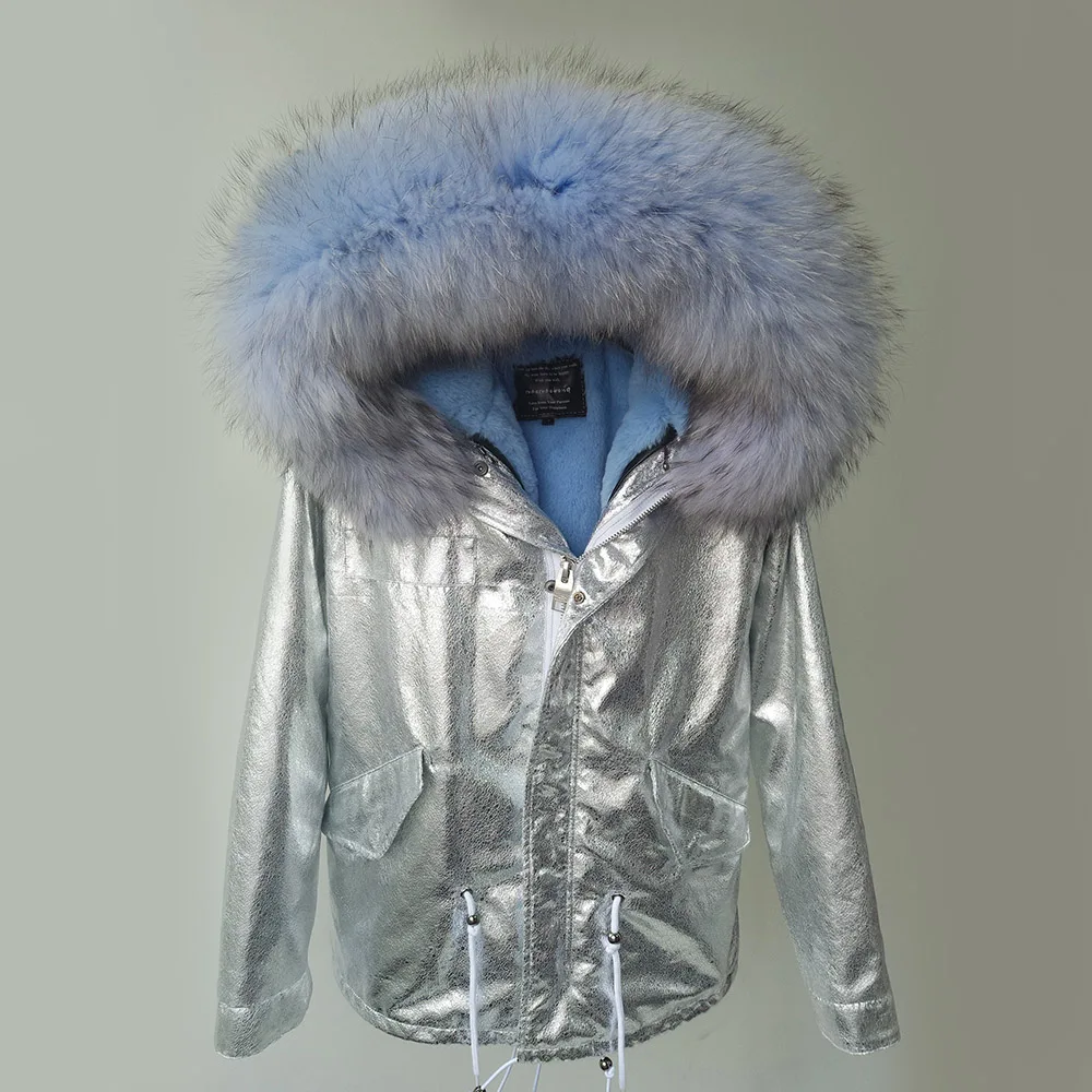 2018 Новое Женское зимнее пальто серебряного цвета, большое пальто с капюшоном из натурального меха енота, толстые парки, верхняя одежда, 2 в 1