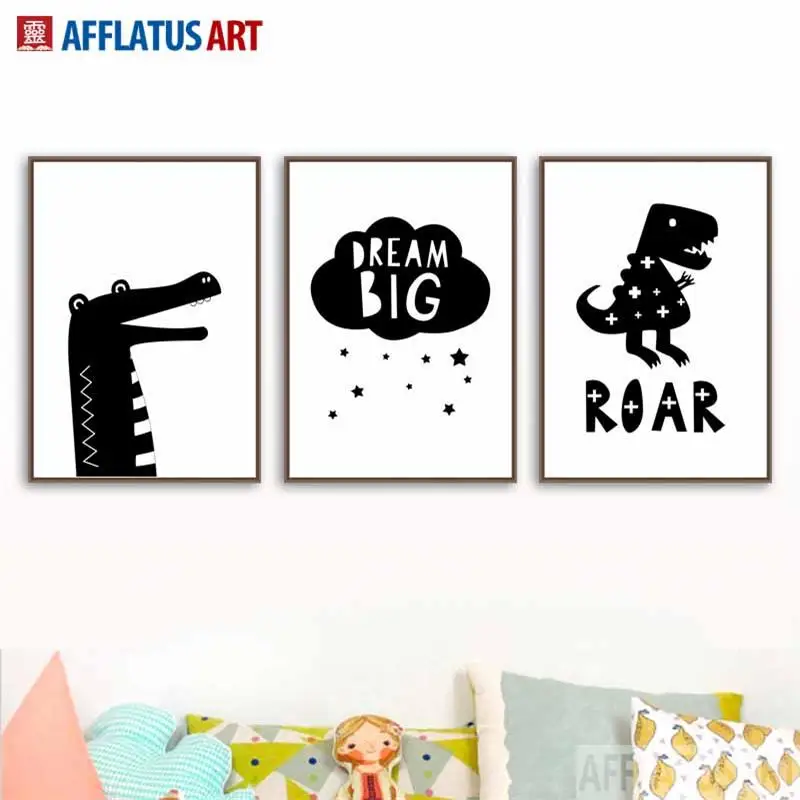 

AFFLATUS Black White Crocodile Dinosaur Nordic Poster Wall Art Canvas Painting Posters And Prints Wall Pictures Kids Room Decor