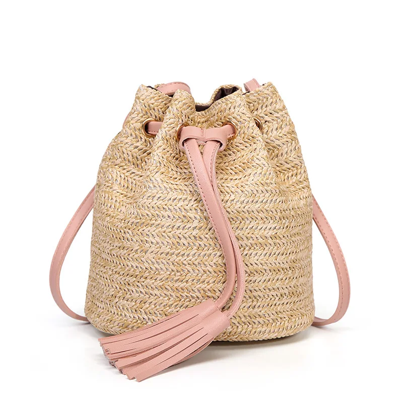 

Women Handbag Summer Beach Tote Bag Handmade Rattan woven Bucket Bag Vintage Retro Straw Knitted Shoulder Messenger Bag d040