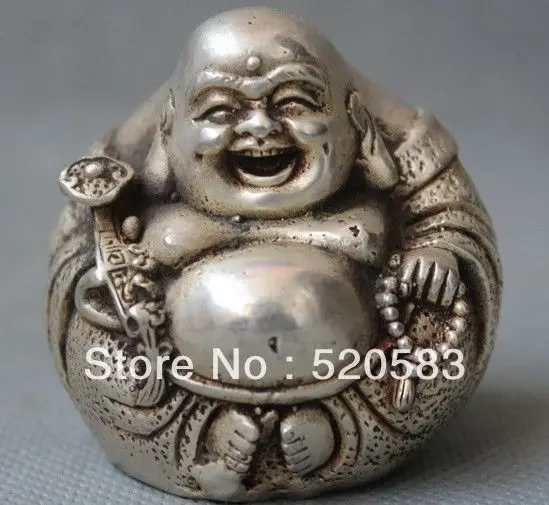 

free Lucky China Chinese Bronze Silver Happy Laugh Buddha Hold Ruyi Statue Figurine fast