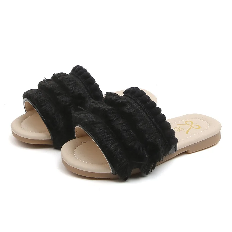 Летние детские тапочки для девочек, детские шлепанцы, модные меховые тапочки с кисточками для девочек, домашняя Уличная обувь, бежевый цвет, zapatillas nignos - Цвет: Black parallel