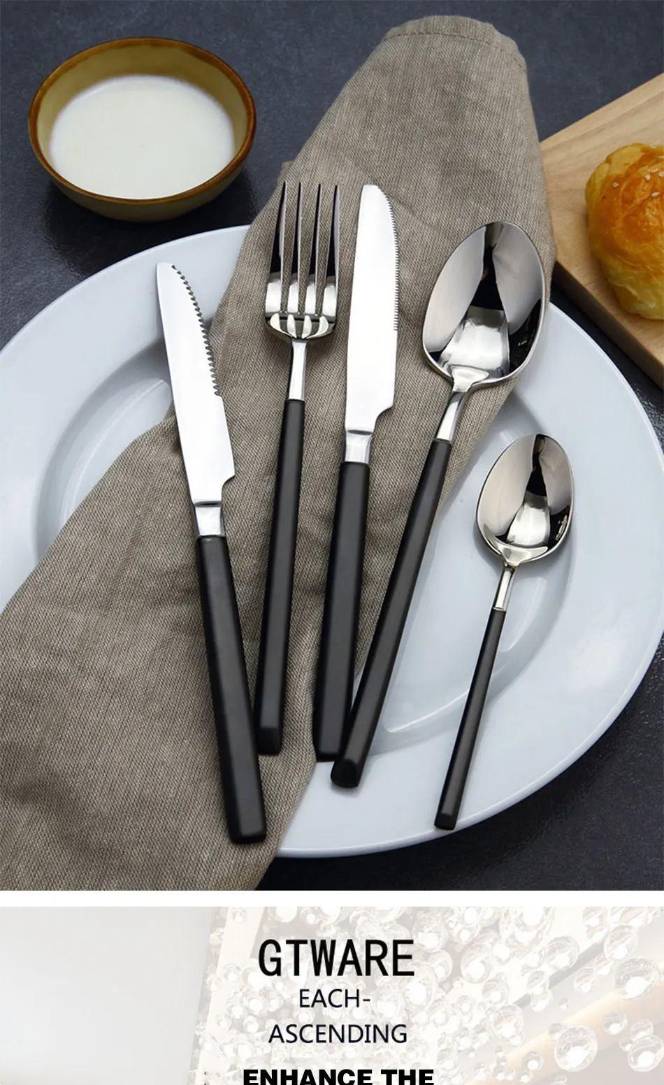 Silver Plating Black Handle Dinnerware Set 304 Stainless Steel Knife Fork Tableware Set Cutlery Dinner Feast Western Food Sets (1)