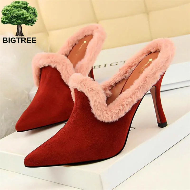 

BIGTREE Elegant Women Outside Slippers Korean Shallow Solid Flock High Heels Shoes Pointed Toe Women's Party Slippers Sexy