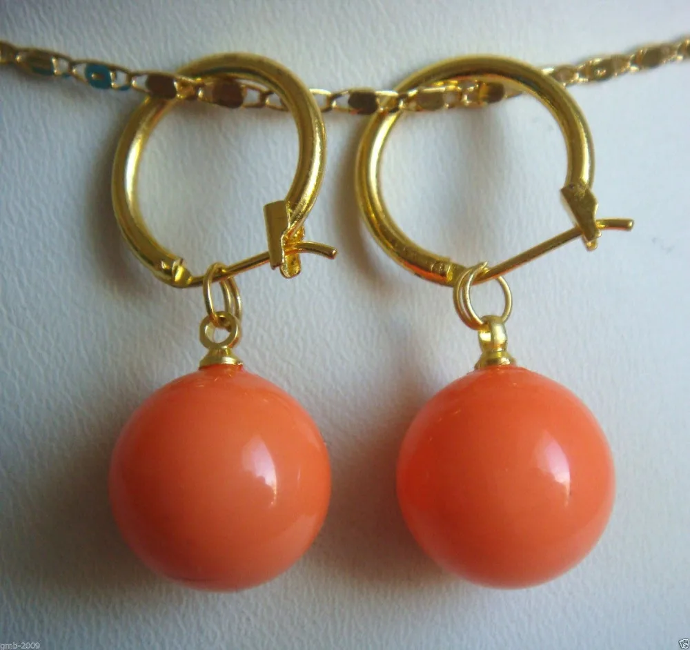 

Hot sale new Style >>>>14mm Tahitian Coral Pink South Sea Shell Pearl 14K GP Earrings AAA+