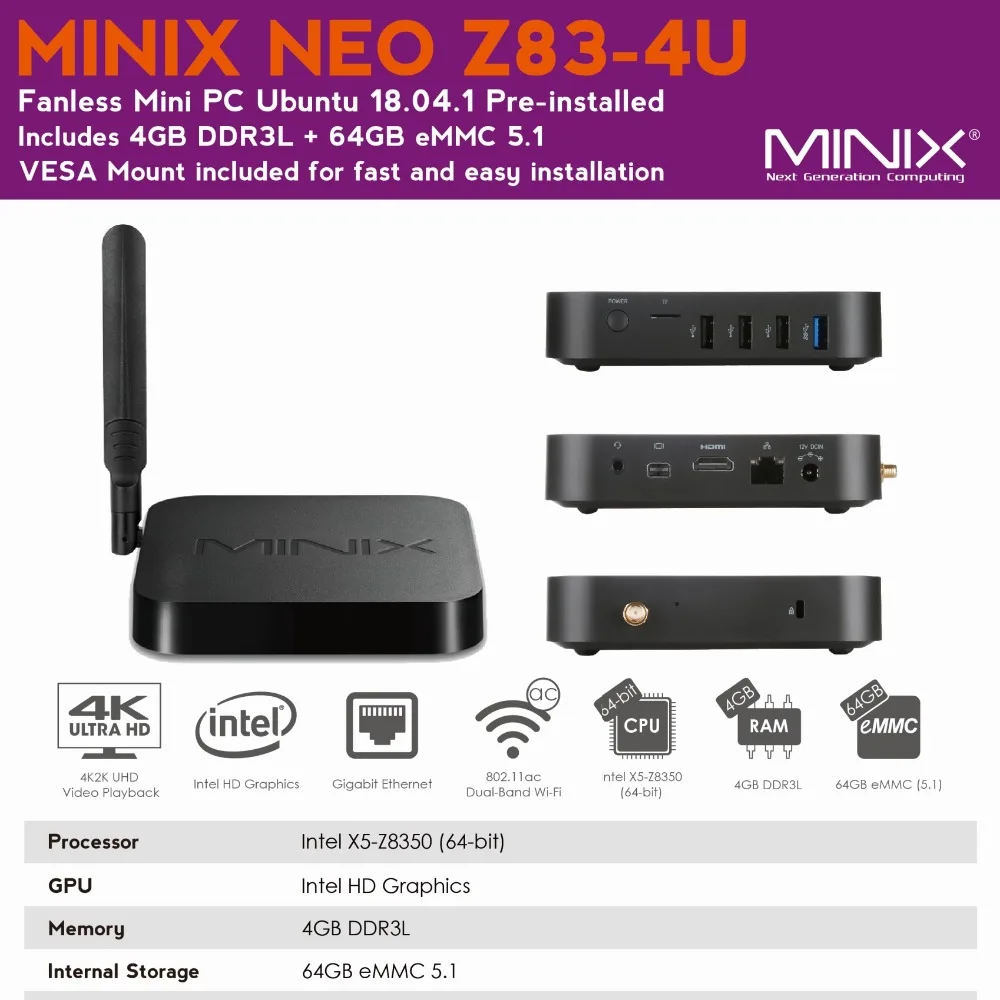  MINIX NEO Z83 - 4U Intel Atom X5-Z8350 Ubuntu Mini PC 4GB/64GB HDMI+MINI DP Dual Band WiFi Gigabit 