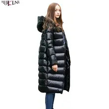 Женский зимний пуховик Длинная свободная куртка сгущенная с капюшоном утиный пух пальто черный край Повседневная простая теплая верхняя одежда AC158