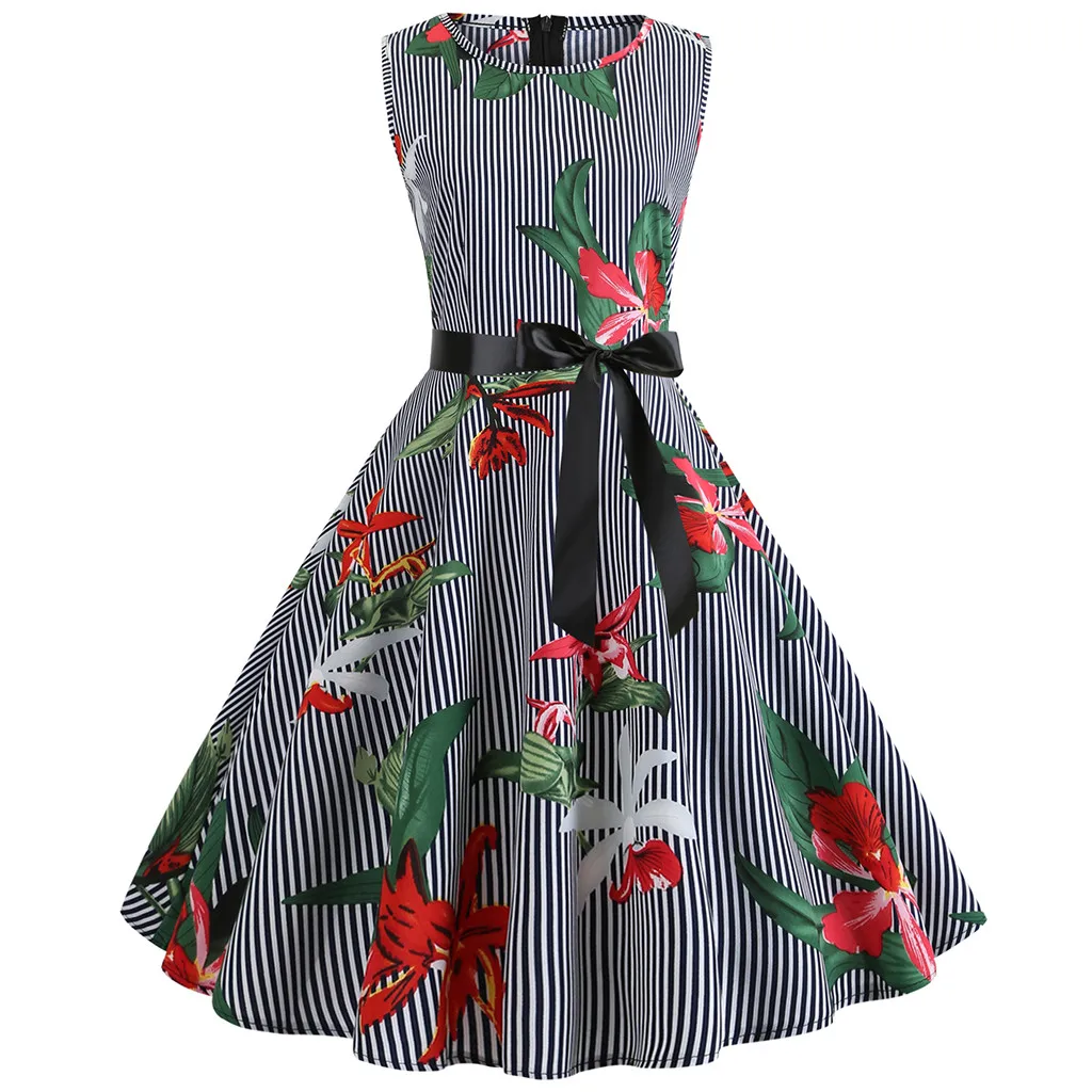 

Women Vintage 1950s Retro Sleeveless O Neck Print Evening Party Prom Swing Dress