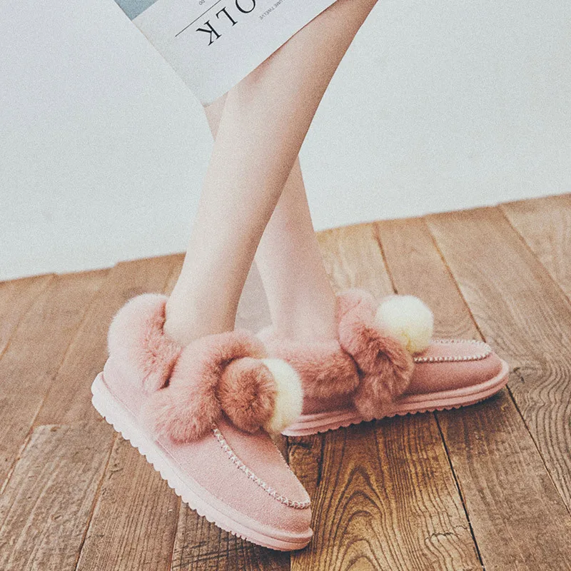 SWYIVY/женские зимние ботинки с кроличьим мехом; коллекция года; женская повседневная обувь из натуральной кожи на плоской подошве; милые теплые зимние ботинки без застежки для девочек