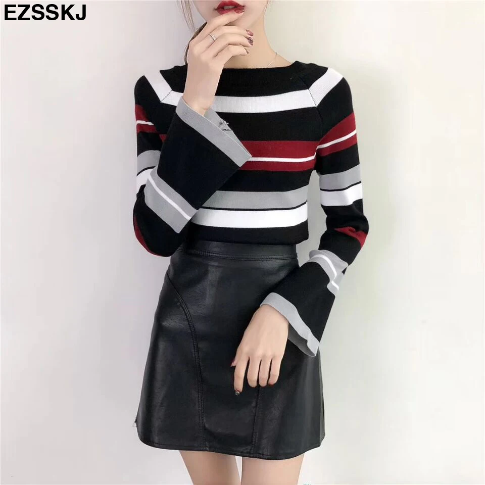 

High elasticity spring autumn striped sweater women warm female o-neck knitted bodycon top flare sleeve sweater pullovers casual