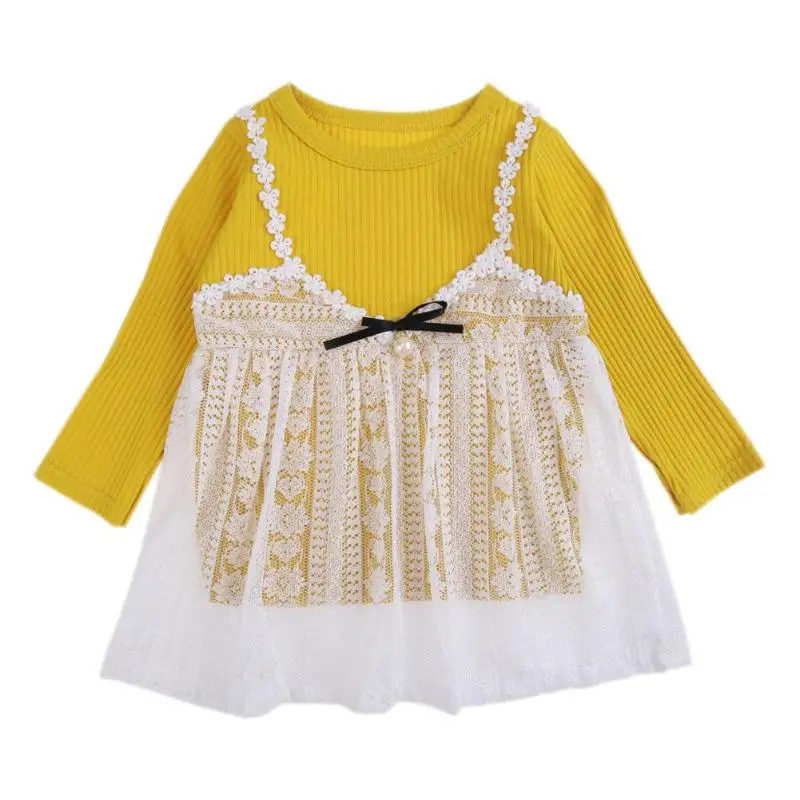 

2018 Spring Autumn Dresses for Girls Lace Cute A-Line Dresses Kids O-Neck Casual Faux Two-Piece Clothing