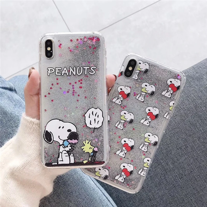 WTSZKL Cartoon Snoopy Liquid Quicksand Mobile Shell for iphone X XS XR MAX 6 7 8 6s PLUS Naked Bear Pattern Cover Back |