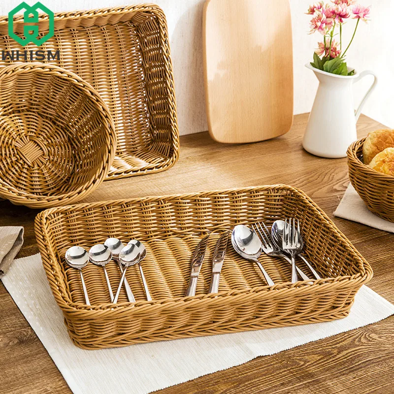 

WHISM Handmade Rectangular Rattan Storage Basket Plastic Wicker Bread Holder Fruit Vegetable Container Snack Food Organizer