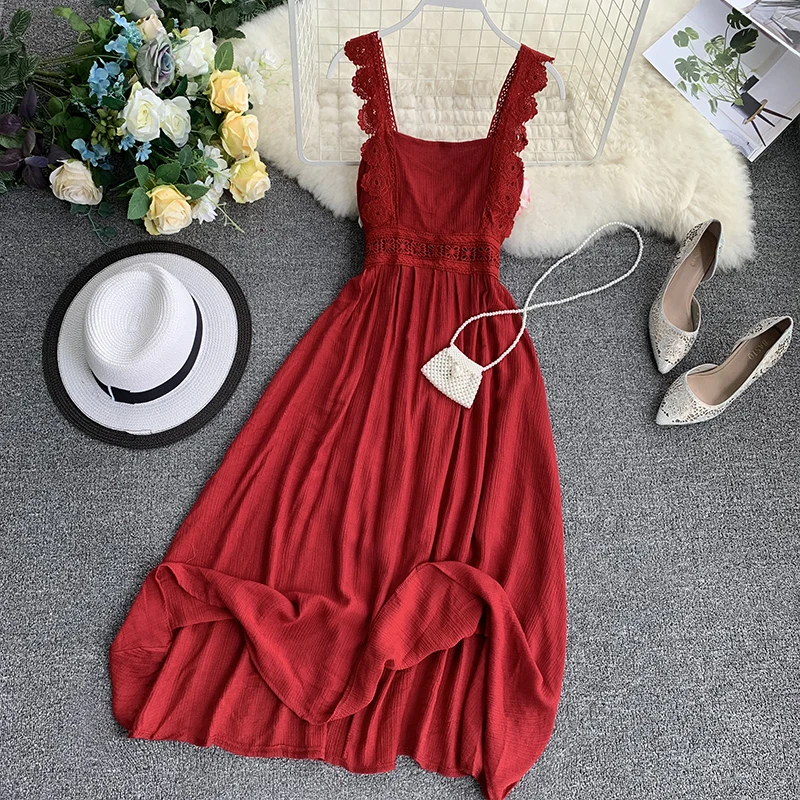 

2019 New Fashion Summer Dress Women High Quality Solid Lace Strap Tube Waist Slim Retro Red Long Dresses Office Lady Clothing