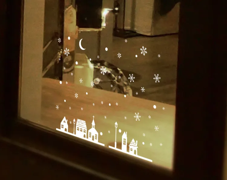 Наклейка для рождественского магазина, украшение для окна, наклейка на стену, детская комната, сделай сам, снег, Рождество, снежинки, обои с изображением города, украшение#45