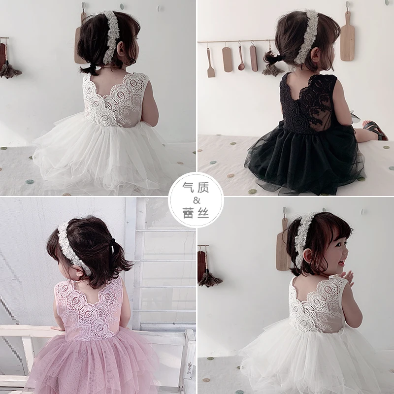 

Girls Princess Dresses 2019 Summer New Gauze Tutu Sleeveless Dress Little Girls Vest Backless V Infant Cotton Lace Dress