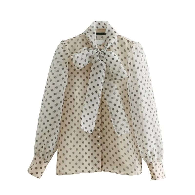 

women sweet polka dots printing casual organza blouses shirt women long sleeve bow tied smock blusas femininas chemise LS3209