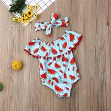 Summer Toddler Baby Girls clothes off shoulder Tassel Ruffle sleeveless Watermelon print Bodysuit Bow Headband 2pc cotton Outfit