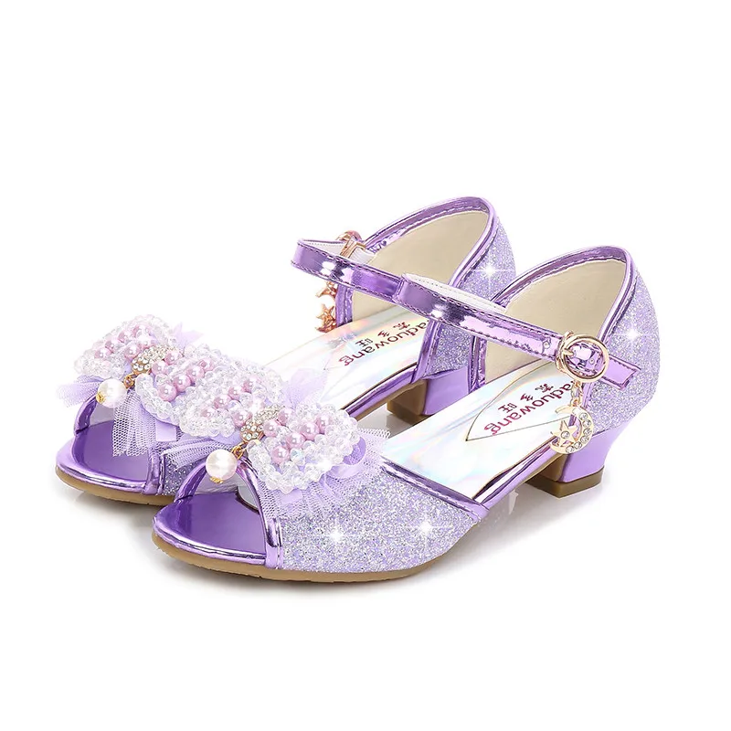 

ULKNN Purple sandals for girl summer high heels gilr children's blue pink shoes sandals Princess cute fashion bow student
