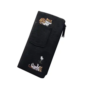 

Women Cartoon Cat Embroidery Long Purse Card Cash Holder Faux Leather Clutch Bag