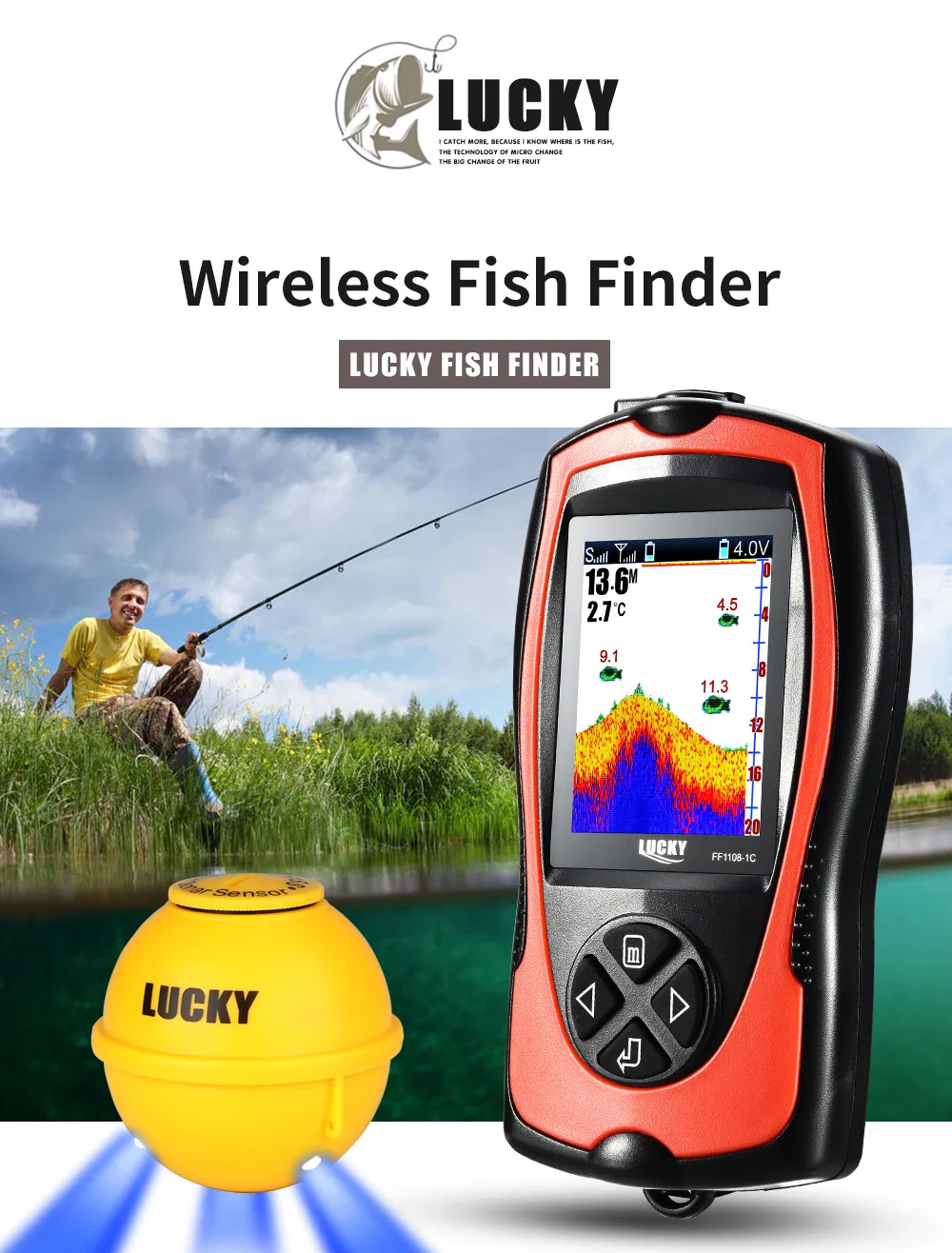 Free Shipping! LUCKY FF1108-1CWLA Rechargeable Wireless Remote Sonar Sensor 45M water depth High Definition LCD Fish Finder (7)
