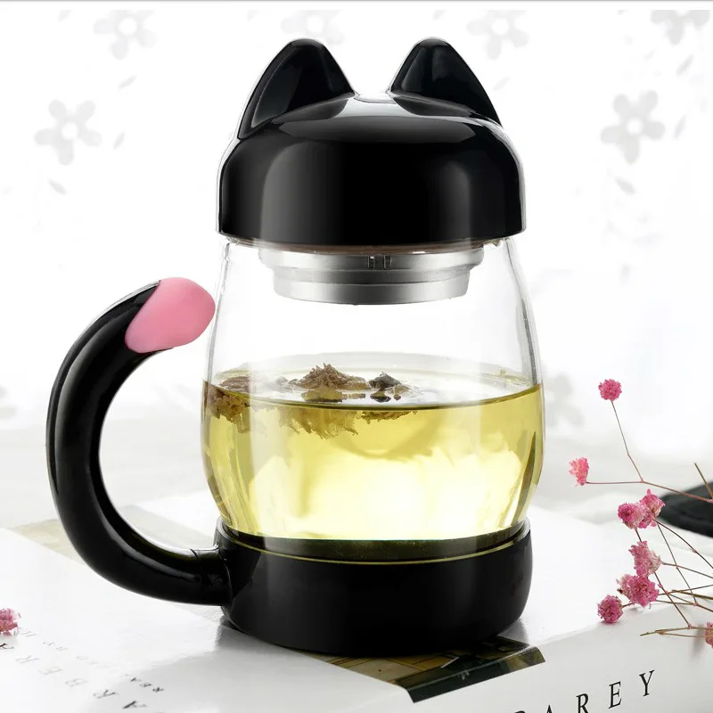 JOUDOO чашка 420 мл стеклянная чашка в форме кошки портативная Дамская стеклянная бутылка для воды с цветком и крышкой для заварки чая ручки бутылки для напитков 35