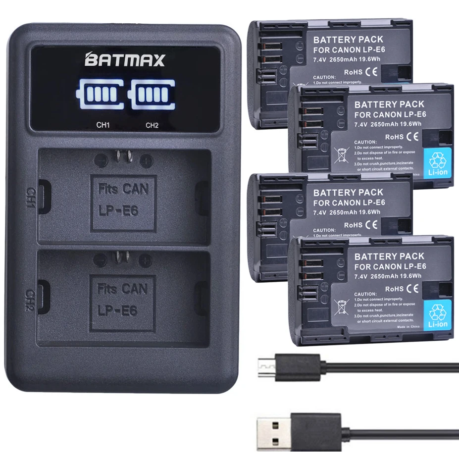 4Pcs 2650mAh LP E6 LP E6 lpe6 Battery LED Dual USB Charger for Canon EOS 5D